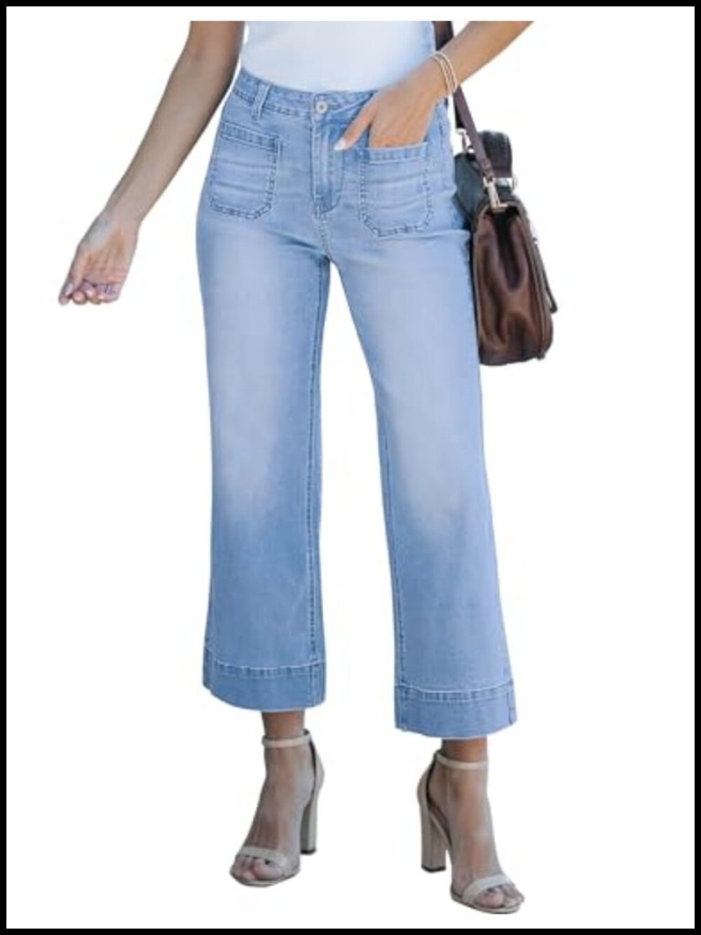 High Waisted Wide Leg Crop Jeans Stretch Denim Flare Pants